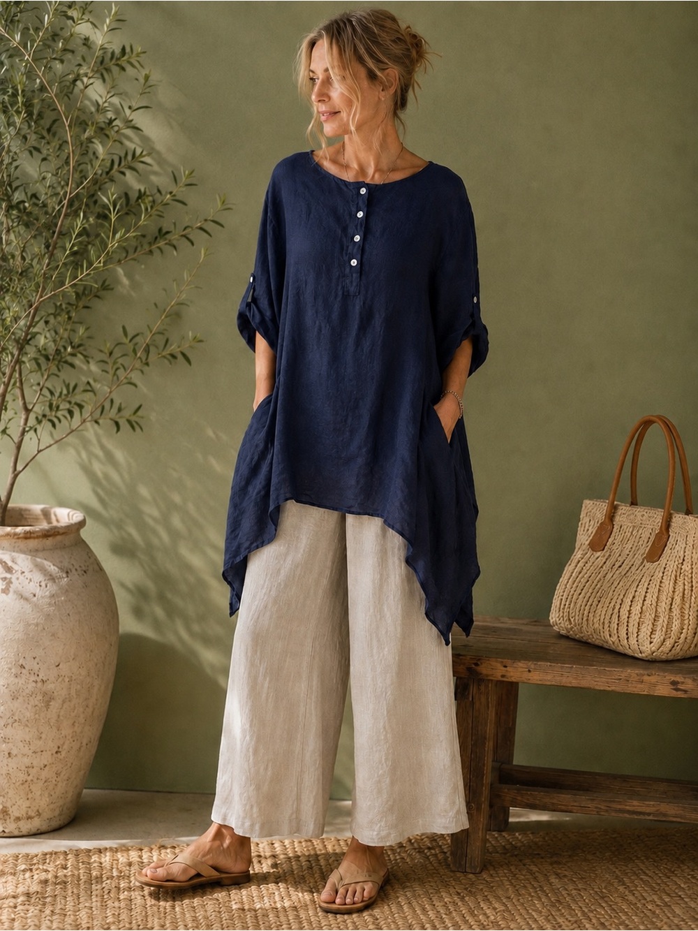 Made in Italy | 100% Linen | Navy Lagenlook Tunic Top | Medium | Coastal Boho
